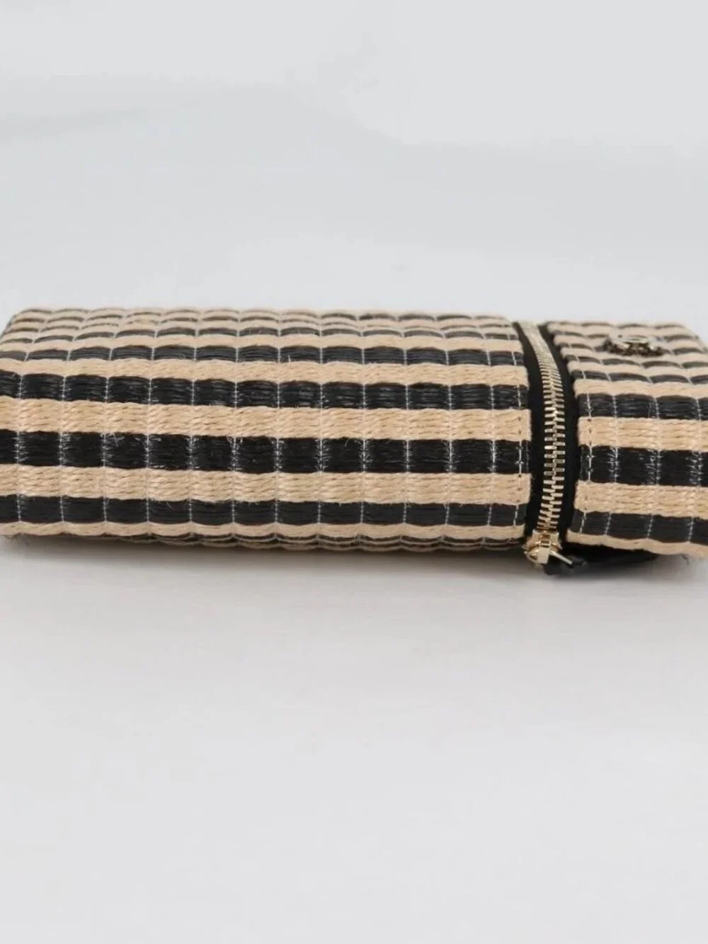 CHANEL Chain Phone Case Raffia Beige Gold CC Auth 140901SAM